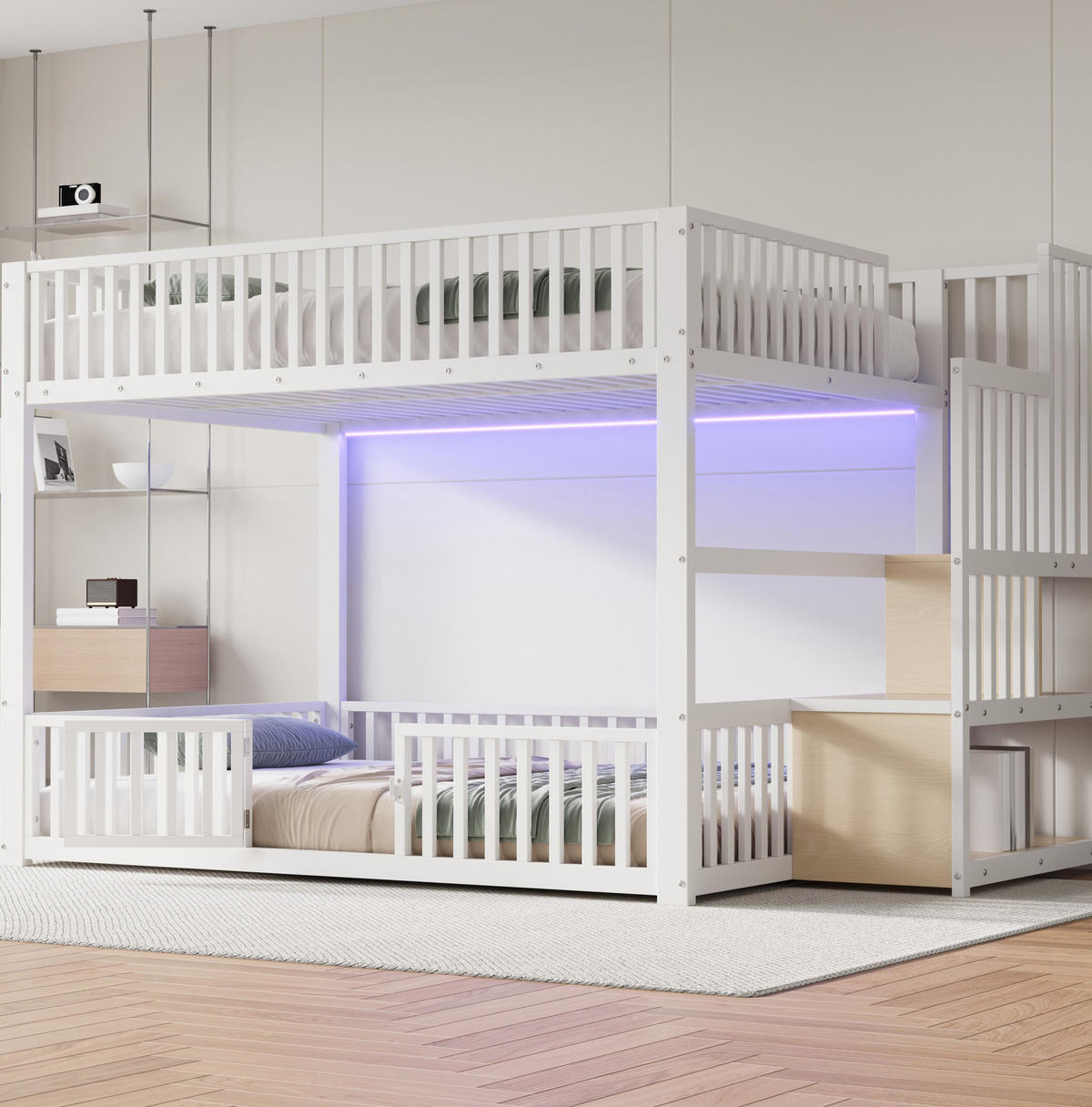 ETAGENBETT 140/200 cm mit LED-Beleuchtung, Stauraumleiter und Schutzgitter, Weiß - Weiß, Holzwerkstoff (140/200cm) - Redom