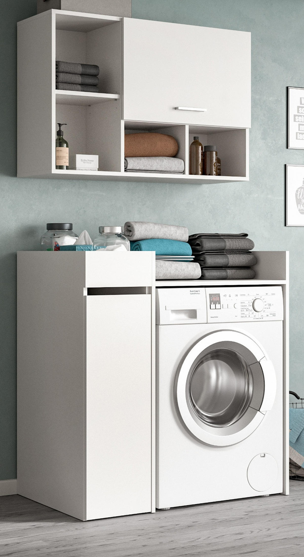 WASCHMASCHINENSCHRANK weiß Set 3-teilig 95 x 195 cm, Waschmaschinenumbau mit Stauraum - Silberfarben/Weiß, Glas/Holzwerkstoff (95/195/60cm) - Inn.Furn