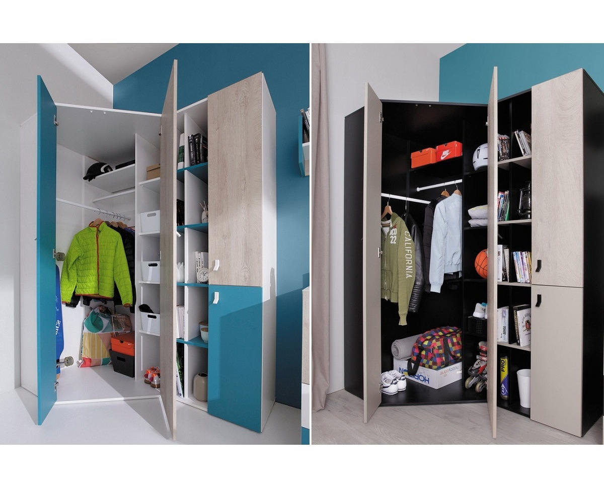 JUGENDZIMMER Space Set D mit Bett 90 x 200 - Weiß-Eiche-Türkis - Türkis/Eichefarben, Holzwerkstoff (90/190/90cm) - QMM TraumMöbel