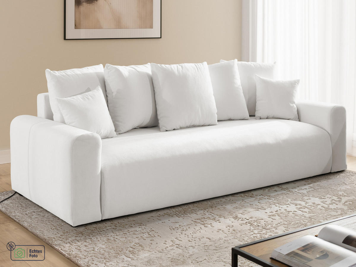 SCHLAFSOFA Calma mit Bettkasten im Bumpy-Design aus weichem Creme Webstoff - Creme/Schwarz, Holz/Kunststoff (239/88/98cm) - S-Style