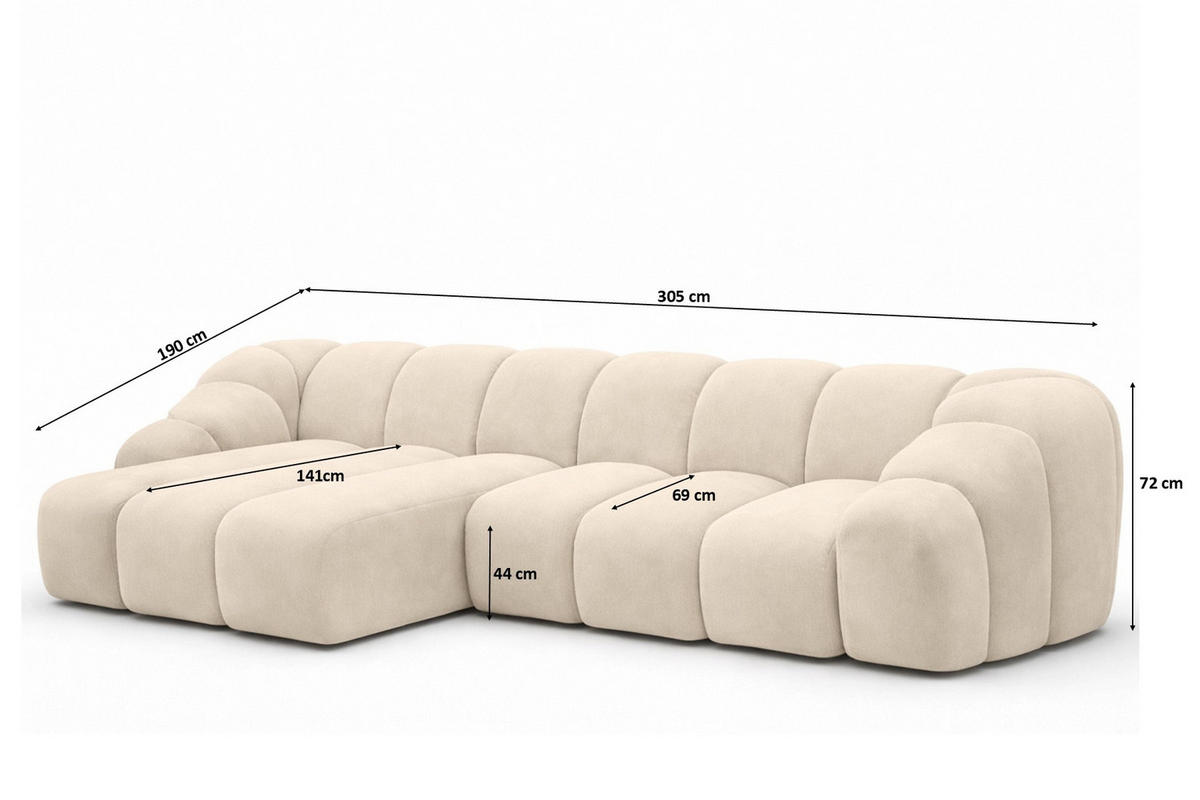ECKSOFA Modulare L-Form, Veloursstoff Bluvel, Creme, Links, CROISSANT L - Creme, Holz (305/190cm) - Kaiser Möbel