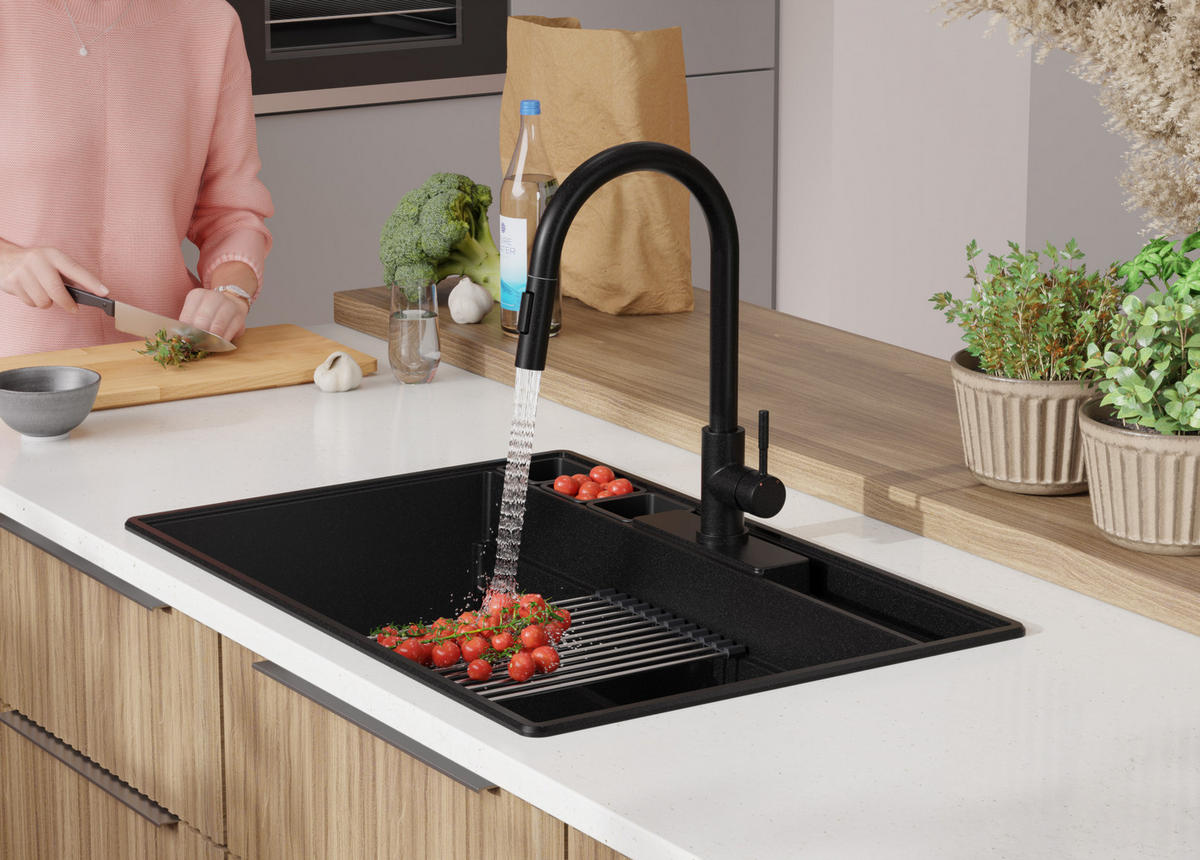 SPÜLBECKEN New York, 2-er set Schwarz 78/53 cm 1 Becken + Ablauf-Set + Küchenzubehörset ab 80er Unterschrank - Chromfarben/Beige, Kunststoff (78/20/53cm) - Primagran