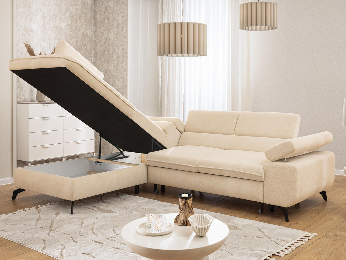 ECKSOFA mit Schlaffunktion und Bettkasten Bonnie aus Hellbeige Chenille-Stoff mit verstellbaren Kopfstützen und Armlehne - Ottomane links - Beige/Schwarz, Holz/Textil (275/210cm) - S-Style Möbel