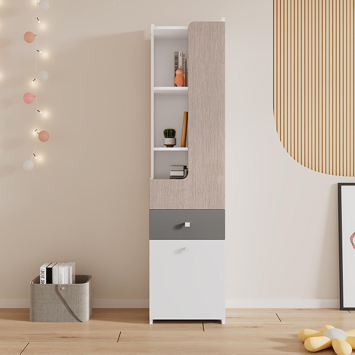 BÜCHERREGAL in Weiß und Grau mit L-förmiger Tür, Schublade und Metallknöpfen, B40/T45/H184cm - Weiß/Grau, Holzwerkstoff/Metall (45/184/40cm) - STILVORA
