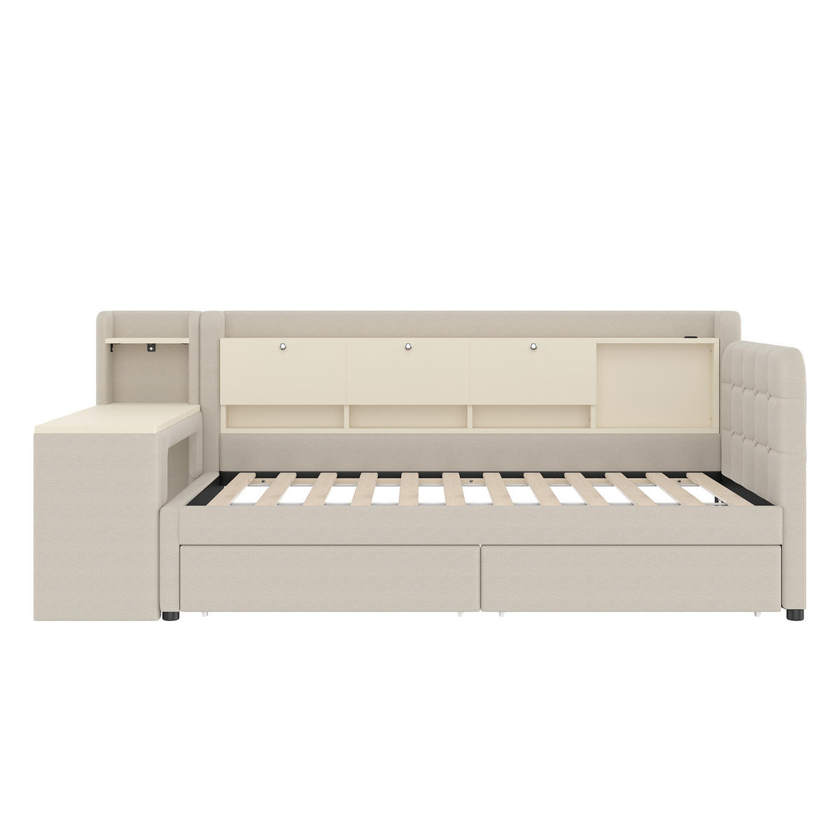TAGEBETT 90x200cm Beige Leinen 2 Schubladen Schreibtisch USB-C - Beige, Holz (90/200cm) - FLIEKS