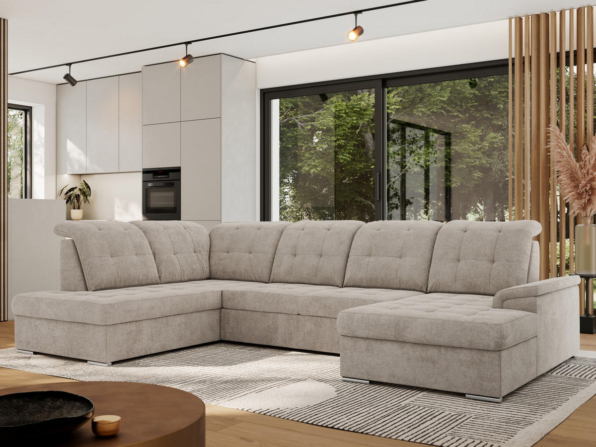 WOHNLANDSCHAFT MADRITO U - Beige Struktur - Links - Beige/Silberfarben, Textil/Metall (204/89/323cm) - MKS