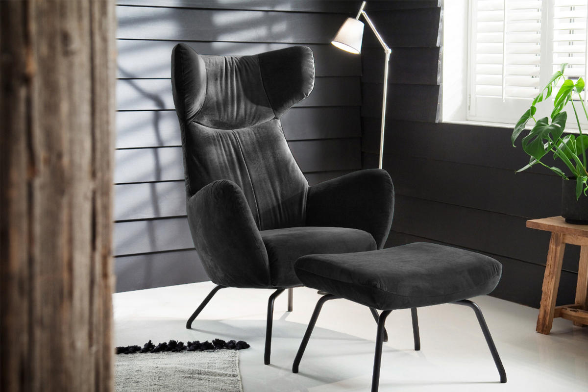 SESSEL MIT HOCKER LOTTE Schwarz Velvet - Schwarz, Textil (79/117/82cm) - KAWOLA