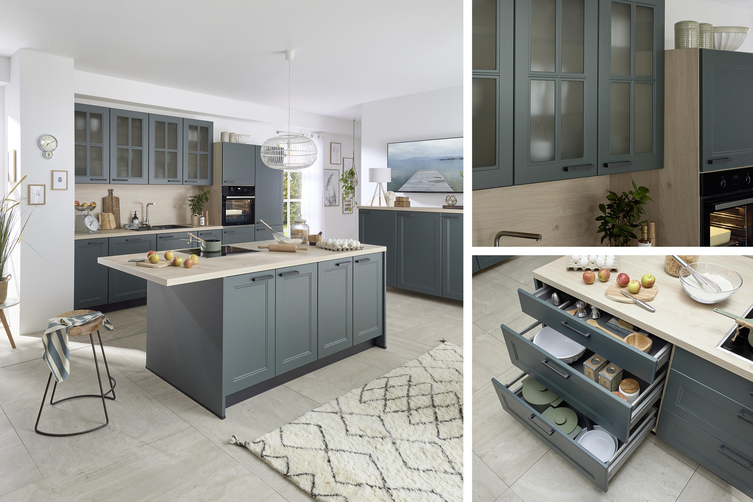 Collage aus einem Milieu und zwei Detailbildern einer pastellfarbenen Landhausküche von NOVEL mit hellen Holzelementen, die einen skandinavischen Flair bewirken.