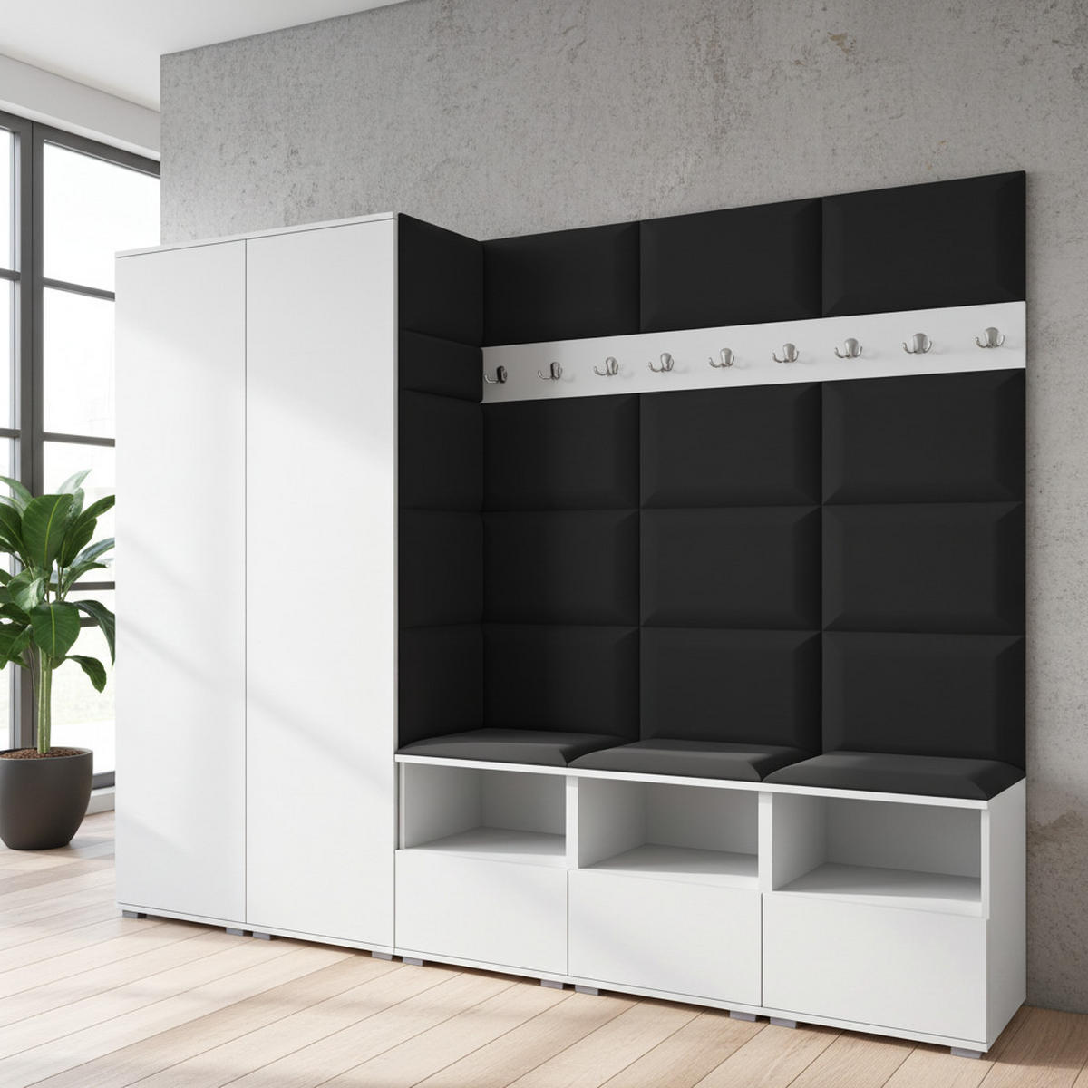 GARDEROBE NELA VII 250 cm (Modulare Flurmöbel XL Weiß mit Sitzpolster Schwarz 16 2 Schränke) - Silberfarben/Schwarz, Holz/Holzwerkstoff (250/187/40cm) - Ravio