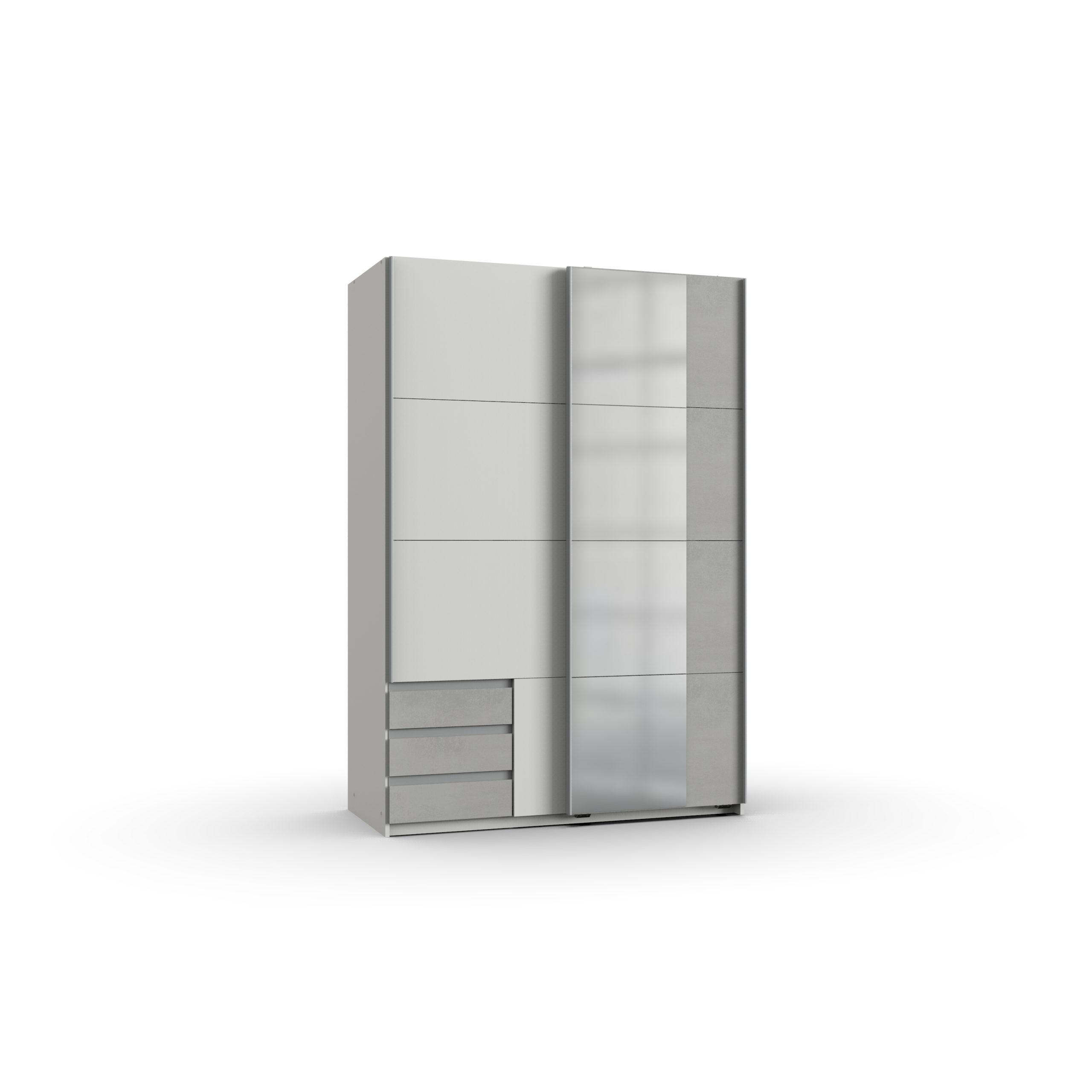 KLEIDERSCHRANK Emden in Weiß mit Beton - Schwebetürenschrank Breite 135 cm mit Spiegel - Weiß, Holzwerkstoff (135/198/65cm)
