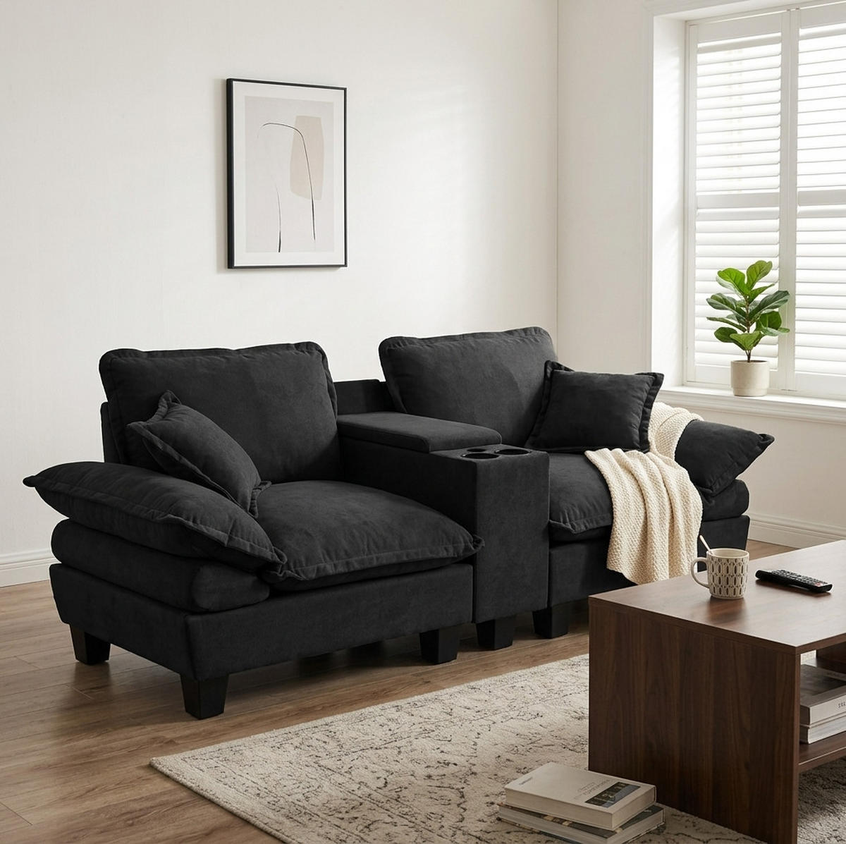 SOFA aus Chenille in Schwarz mit USB-Anschlüssen, Stauraum & Getränkehaltern - Schwarz, Textil (82/90/224cm) - Modfu