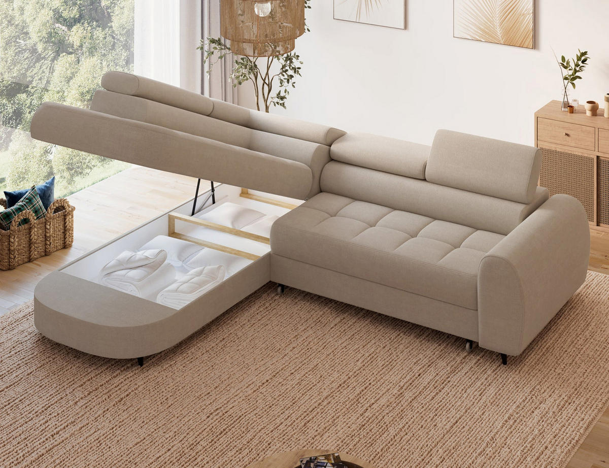 ECKSOFA Vesteria mit Schlaffunktion und Bettkasten – Modernes Design, verstellbare Kopfstützen und hoher Sitzkomfort - Beige, Kunststoff (279/72cm) - Wohnideebilder