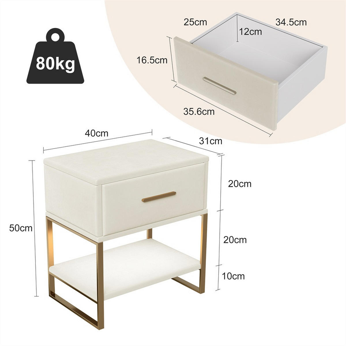 NACHTTISCH mit 1 Schublade & Offenem Fach - Nachtkommode Samtbezug & goldenes Metallgestell - 2er Set - Beige - Weiß, Textil (40/50/31cm) - DELFA