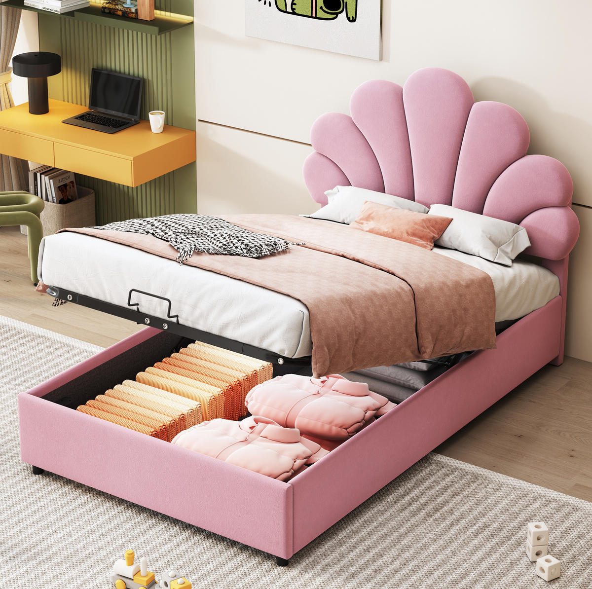POLSTERBETT aus Samt 90x200 cm in Rosa mit hydraulischem Stauraum - Rosa, Textil (90/200cm) - Modfu