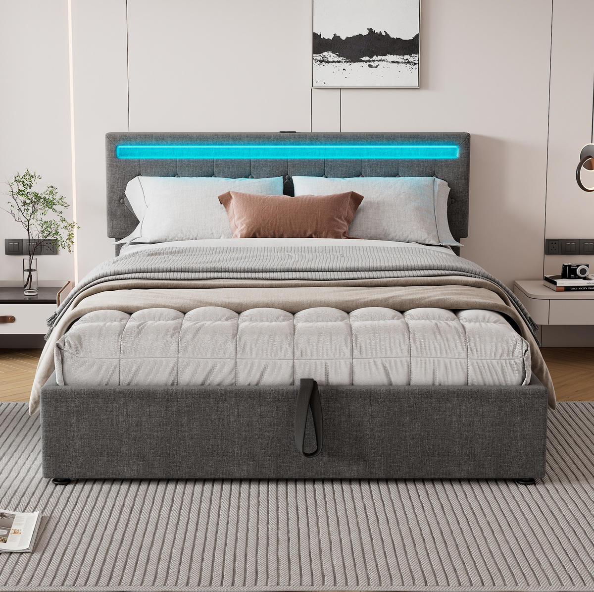 TAPECIRANI krevet 160/200 cm s LED osvjetljenjem, USB i USB-C priključcima te hidrauličnim spremištem, Siva - siva, tekstil (160/200cm) - Redom