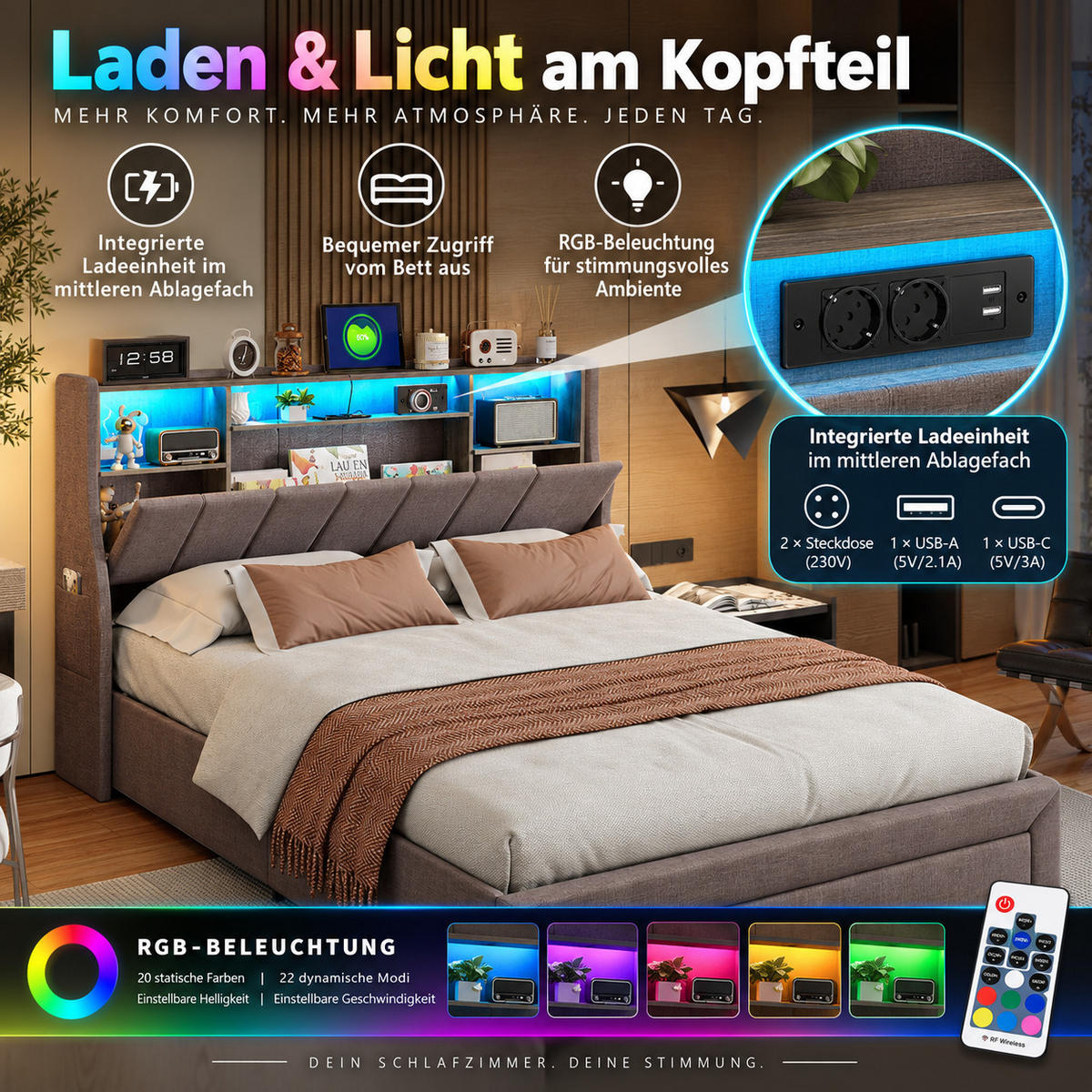 POLSTERBETT 160/200 cm mit zwei rollengeführten Schubladen am Fußende, großem Ablagekopfteil mit blauem LED-Licht & USB-Anschluss, Leinenoptik-Bezug - Grau, Holz/Metall (160/200cm) - Joyfair