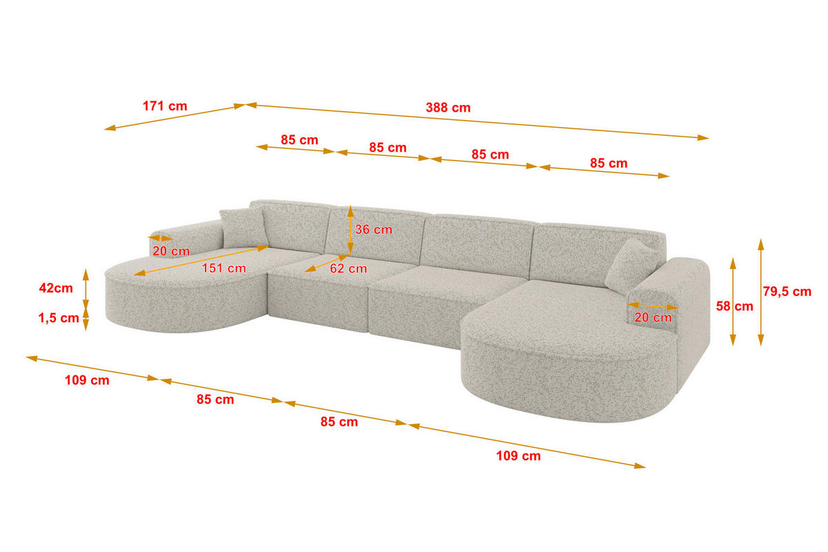 WOHNLANDSCHAFT MARI-U2 - 388x171x79 cm Hellgrau Tissu - Hellgrau/Schwarz, Holzwerkstoff/Kunststoff (388/79/171cm) - ALTDECOR