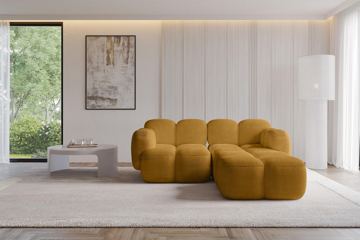 ECKSOFA modulares Sofa Rechts Miko-L1 214x205x75 Senfgelb Cord - Schwarz/Honig, Holzwerkstoff/Kunststoff (214/205cm) - ALTDECOR