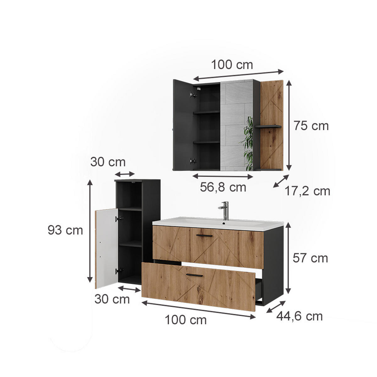 KOUPELNOVÁ SESTAVA NÁBYTKU Irma Antracit/Artisan - antracitová/dub artisan, kompozitní dřevo (100/57/44.6cm) - Vicco