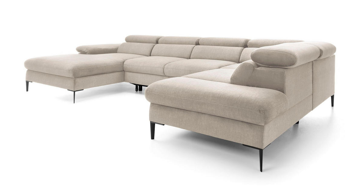 WOHNLANDSCHAFT MESTO Creme Velours-Stoff mit Schlaffunktion - Creme, Holz (353/94/182cm) - MASSENO