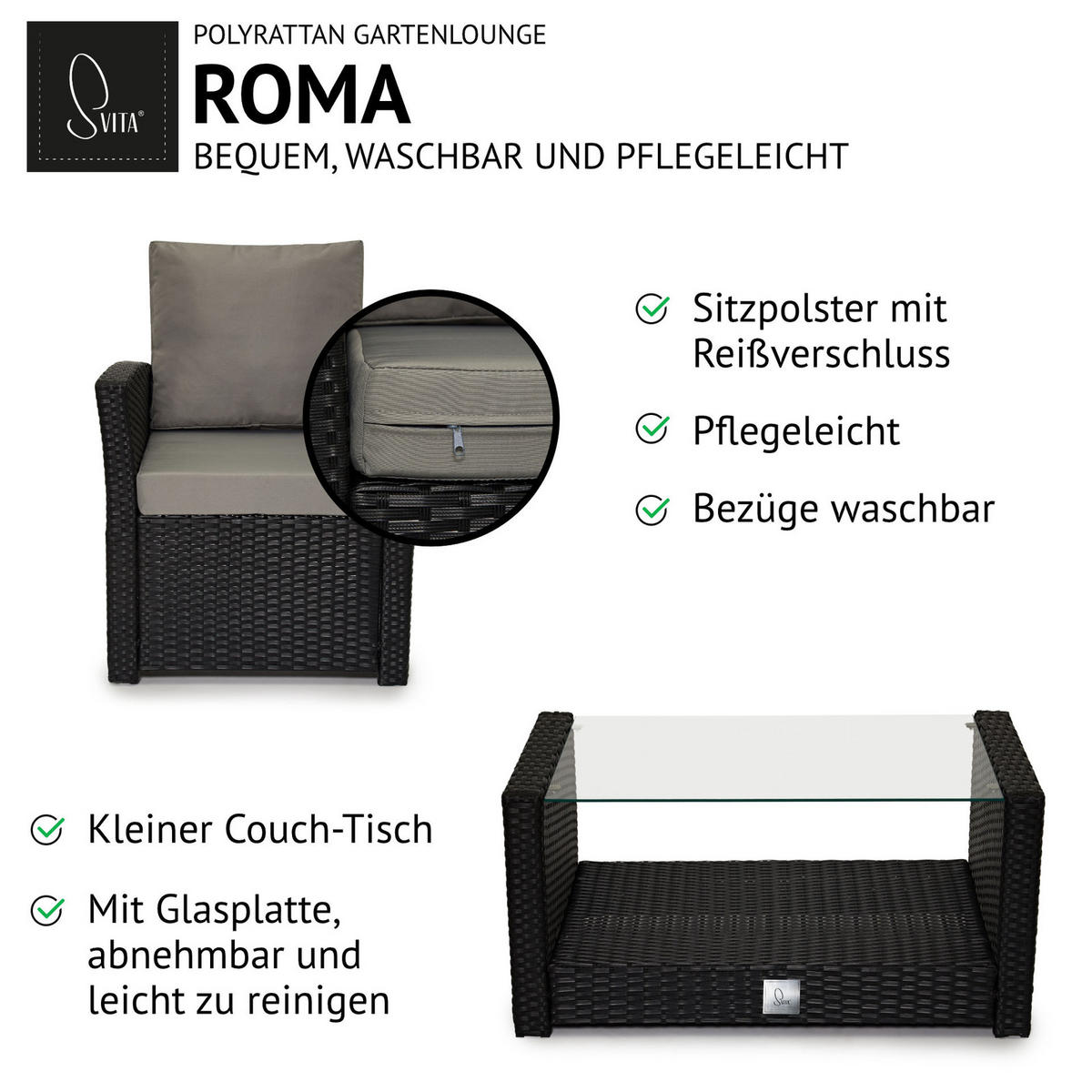 SITZGRUPPE ROMA Schwarz - Schwarz/Grau, Kunststoff - SVITA