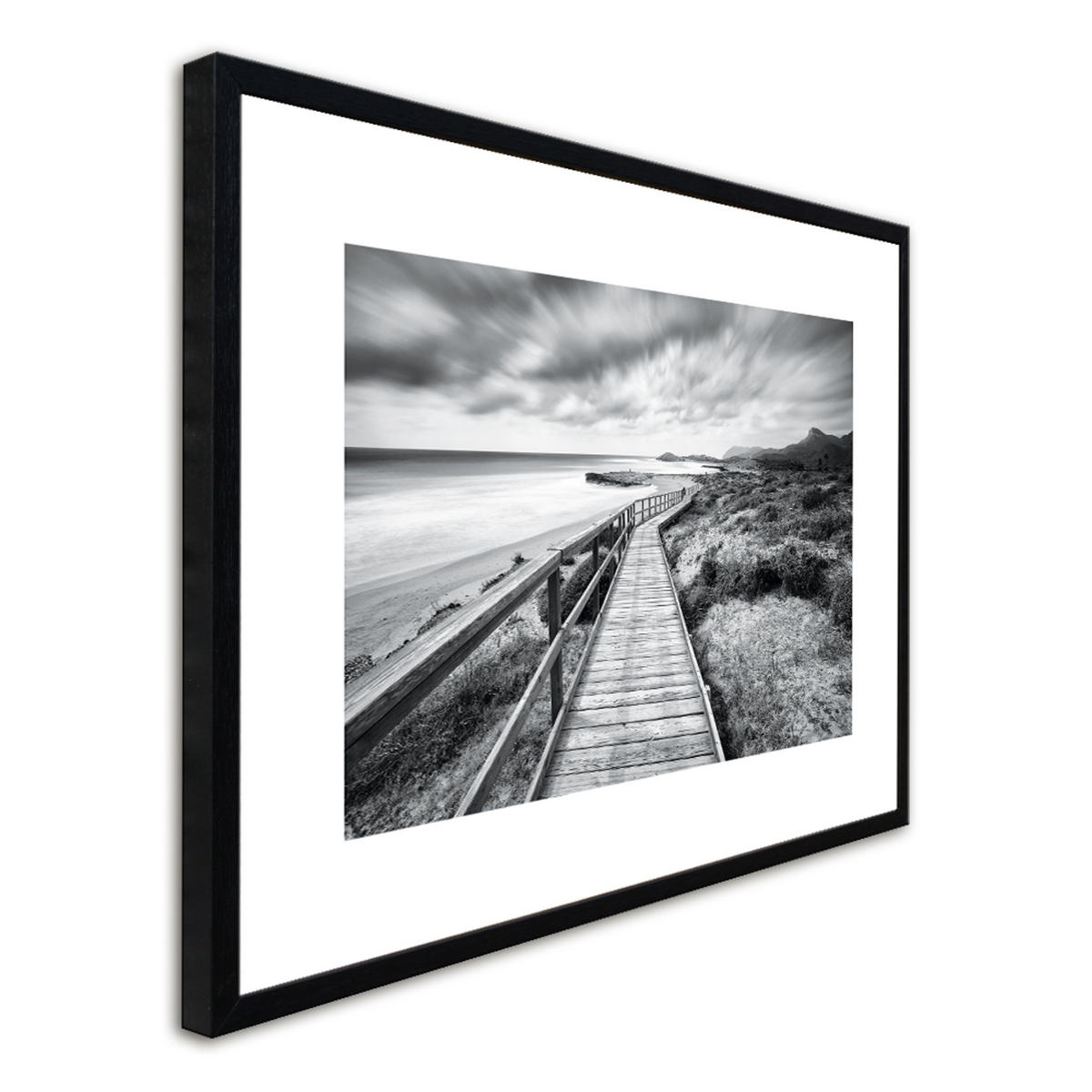 POSTER mit Rahmen 70x50 cm Strandlandschaft Schwarz-Weiß - Weiß, Holz (71/51cm) - artissimo