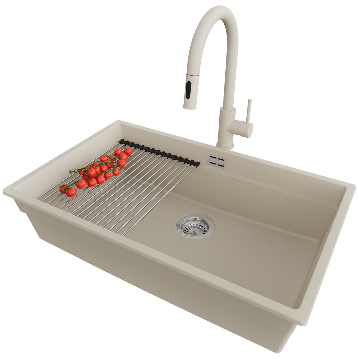 UNTERBAUSPÜLE GRANIT Praga, 2-er set Beige 76/47 cm 1 Becken + Küchenarmatur 40/20 cm + Ablauf-Set + Aufrollbare Abtropffläche ab 80er Unterschrank - Chromfarben/Beige, Kunststoff (76/20/47cm) - Primagran