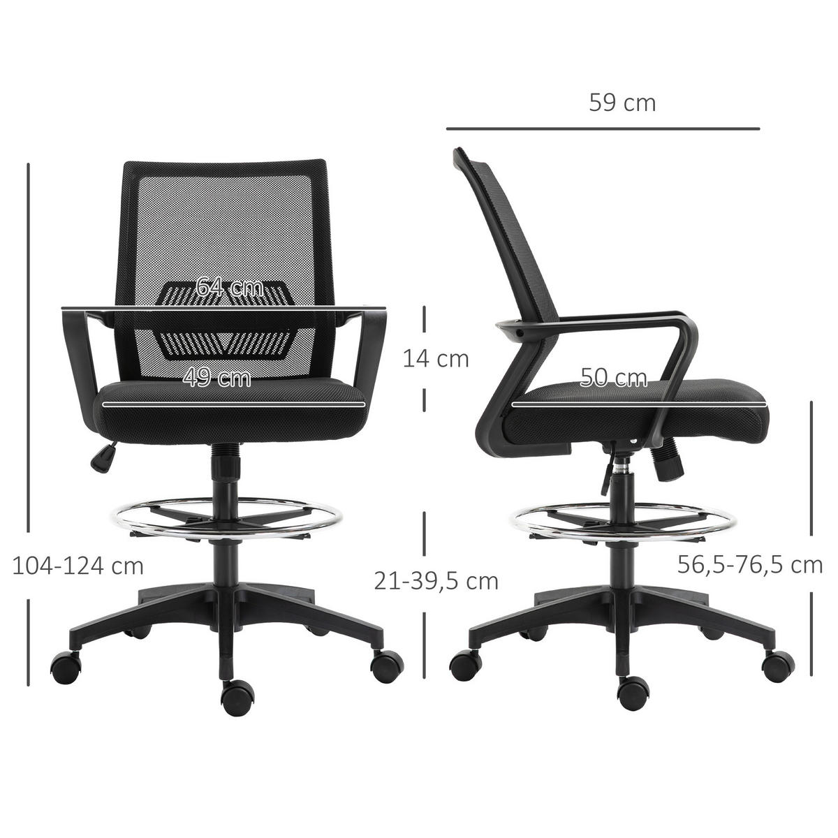 BÜROSTUHL Ergonomischer Schreibtischstuhl verstellbarer Fußring, Wippfunktion - Schwarz, Kunststoff (59/124/64cm) - Vinsetto