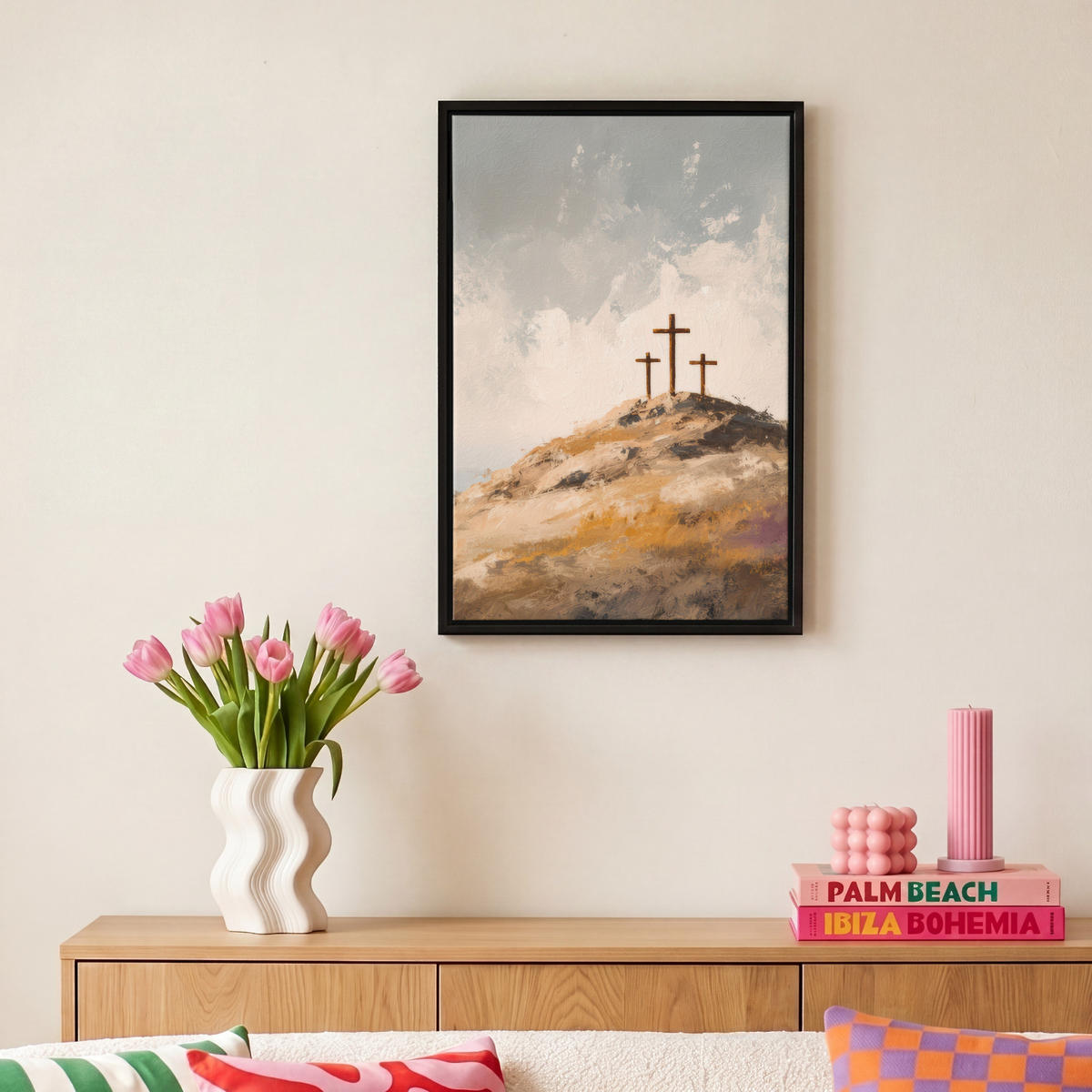 LEINWAND Bilder mit Rahmen - Hügel - Abstrakt - Christentum - Kreuz - 20x30 - Hellgrau, Textil (20/30cm) - MuchoWow
