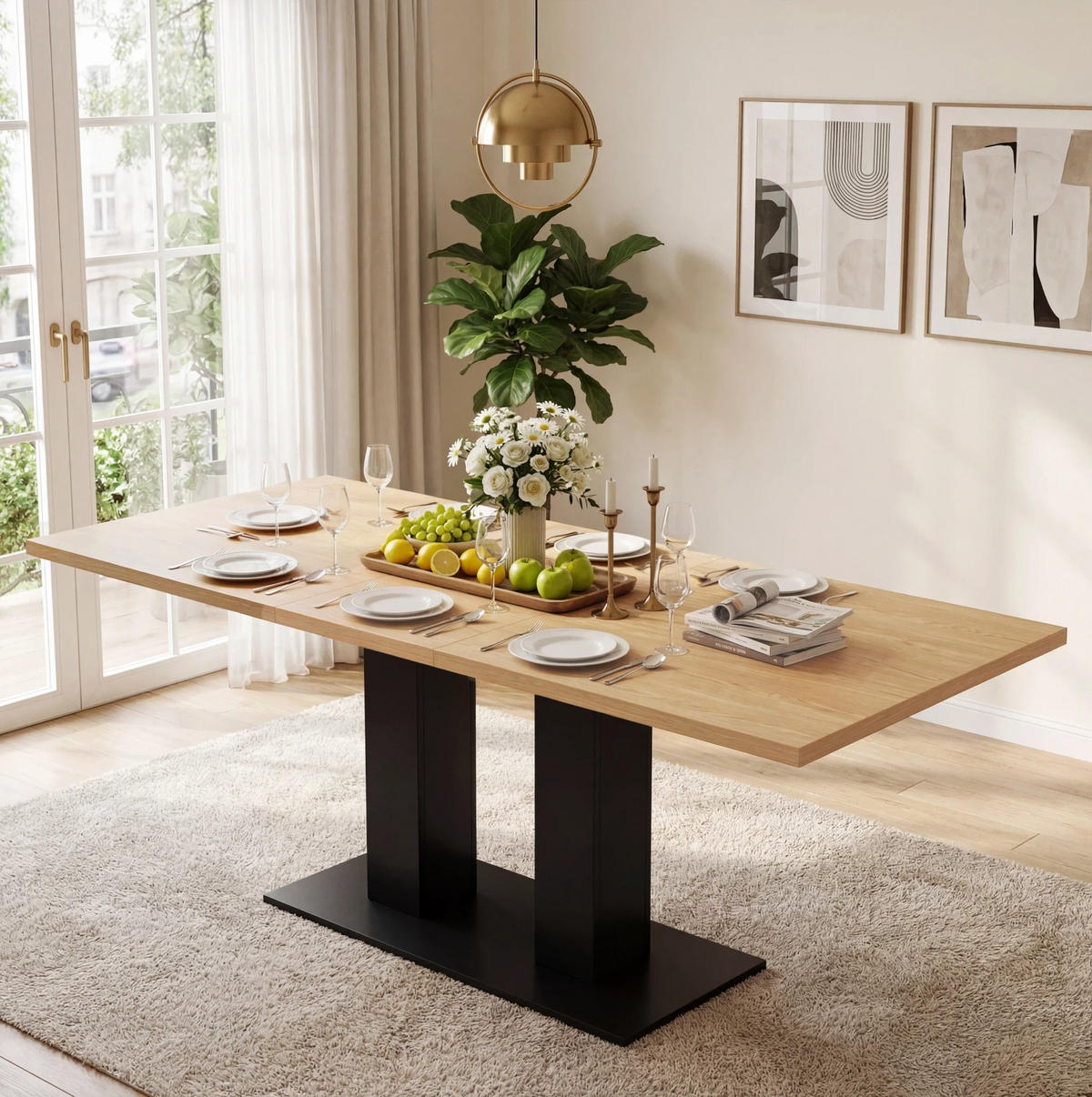 ESSTISCH in Naturfarben Küchentisch ausziehbar, 6–8 Personen,verdickte Platte, minimalistischer Stil, B140–180/T70/H75cm - Schwarz/Naturfarben, Holzwerkstoff/Metall (70/180/75cm) - STILVORA