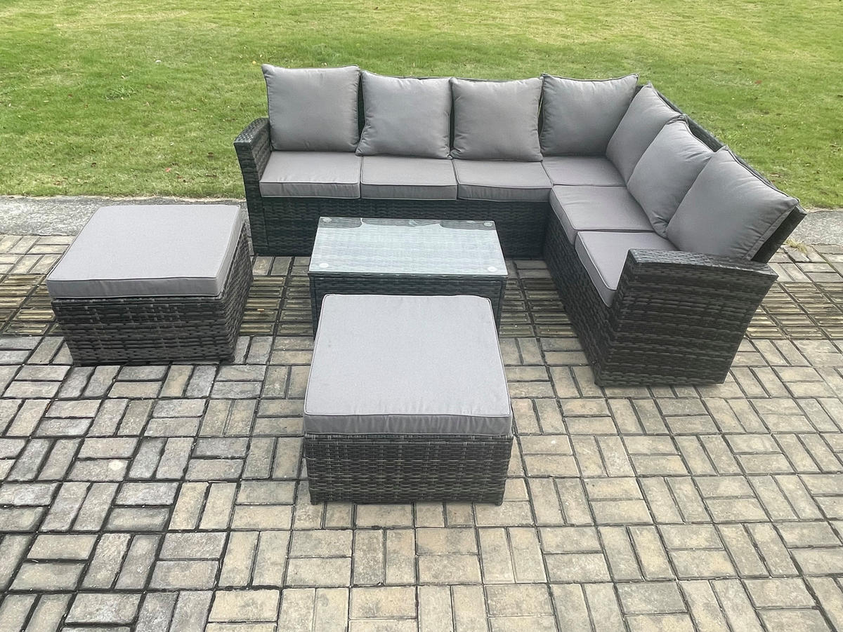 LOUNGEGARNITUR mit Couchtisch Sofa Polyrattan Dunkelgrau 8-Sitzer - Dunkelgrau/Grau, Glas/Kunststoff - Fimous
