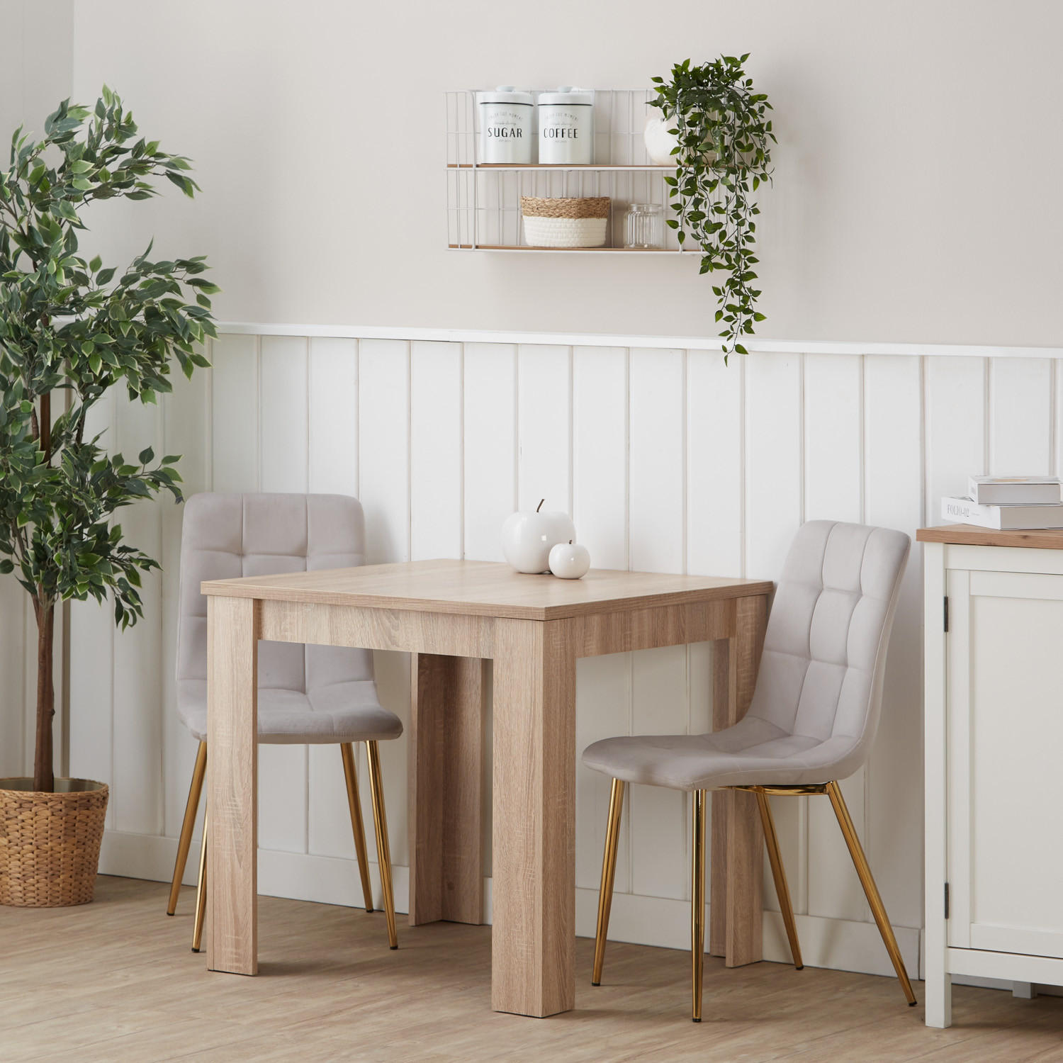 TISCHGRUPPE 80/80 cm in Natur mit 2 Stühle Samt - Beige/Naturfarben, Holz/Textil (80/88/80cm) - Homestyle4u