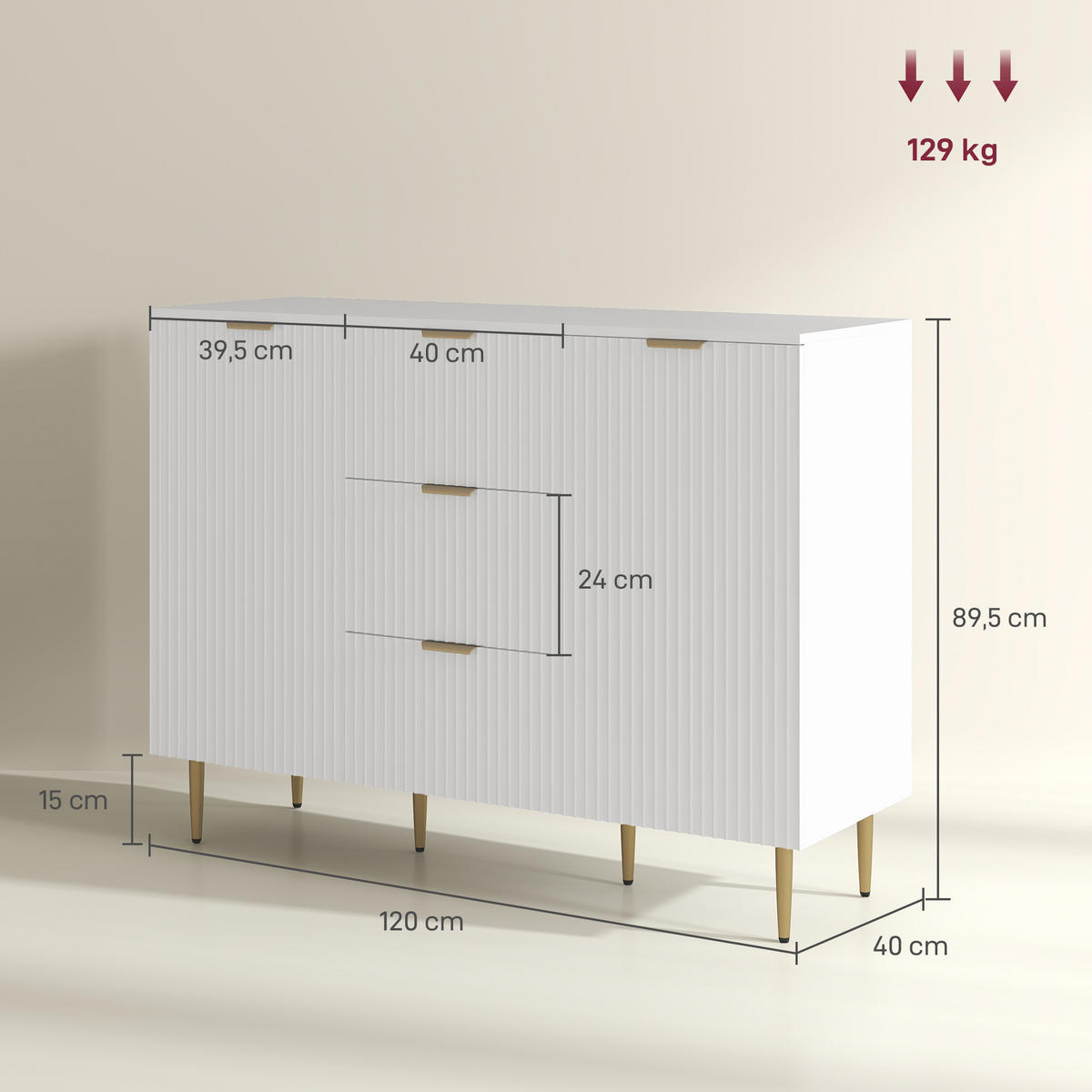 SIDEBOARD Weiß, 3 Schubladen, 2 Türen, 120/40/89,5 cm - Weiß, Holz (120/89.5/40cm) - PANGIVO