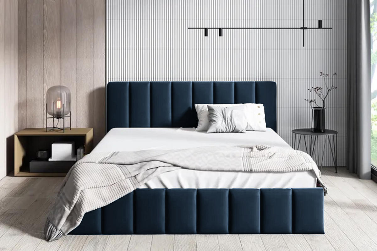POLSTERBETT Nina Dunkelblau 200x200 cm, mit Bettkasten und gestepptem Kopfteil - Dunkelblau, Holzwerkstoff/Textil (200/200cm) - Bettso