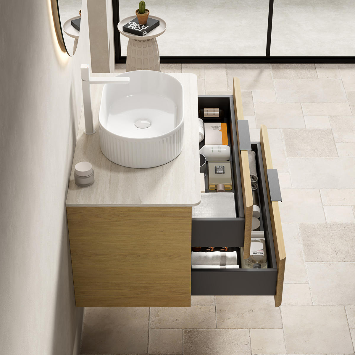 WASCHTISCH 90 cm mit 2 Schubladen Beige, Oak, White - Beige, Holzwerkstoff (46/62.2/90cm) - Beauniv
