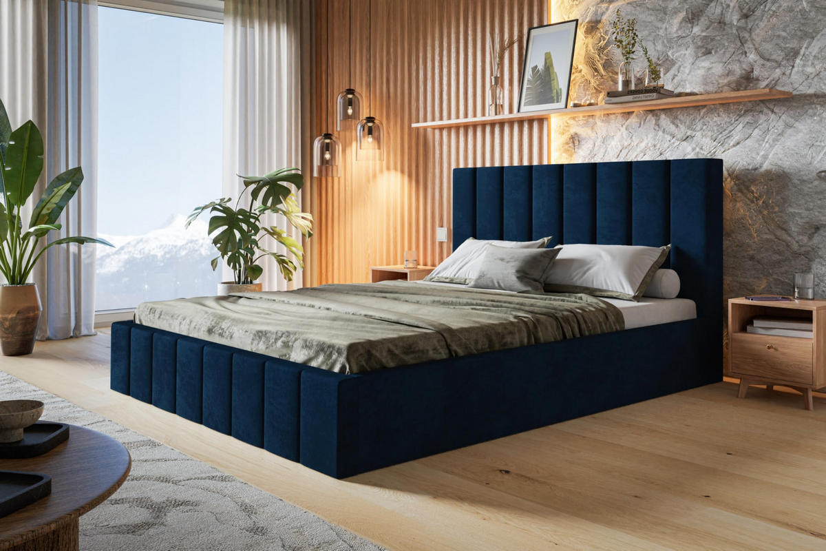 BETT 200x200 - Polsterbett mit Bettkasten und Metallrahmen - Modern Betten - Glatter Kronos-Stoff- Kollektion Toledo - Blau - Blau, Holz/Textil (200/200cm) - Alpi-Möbel