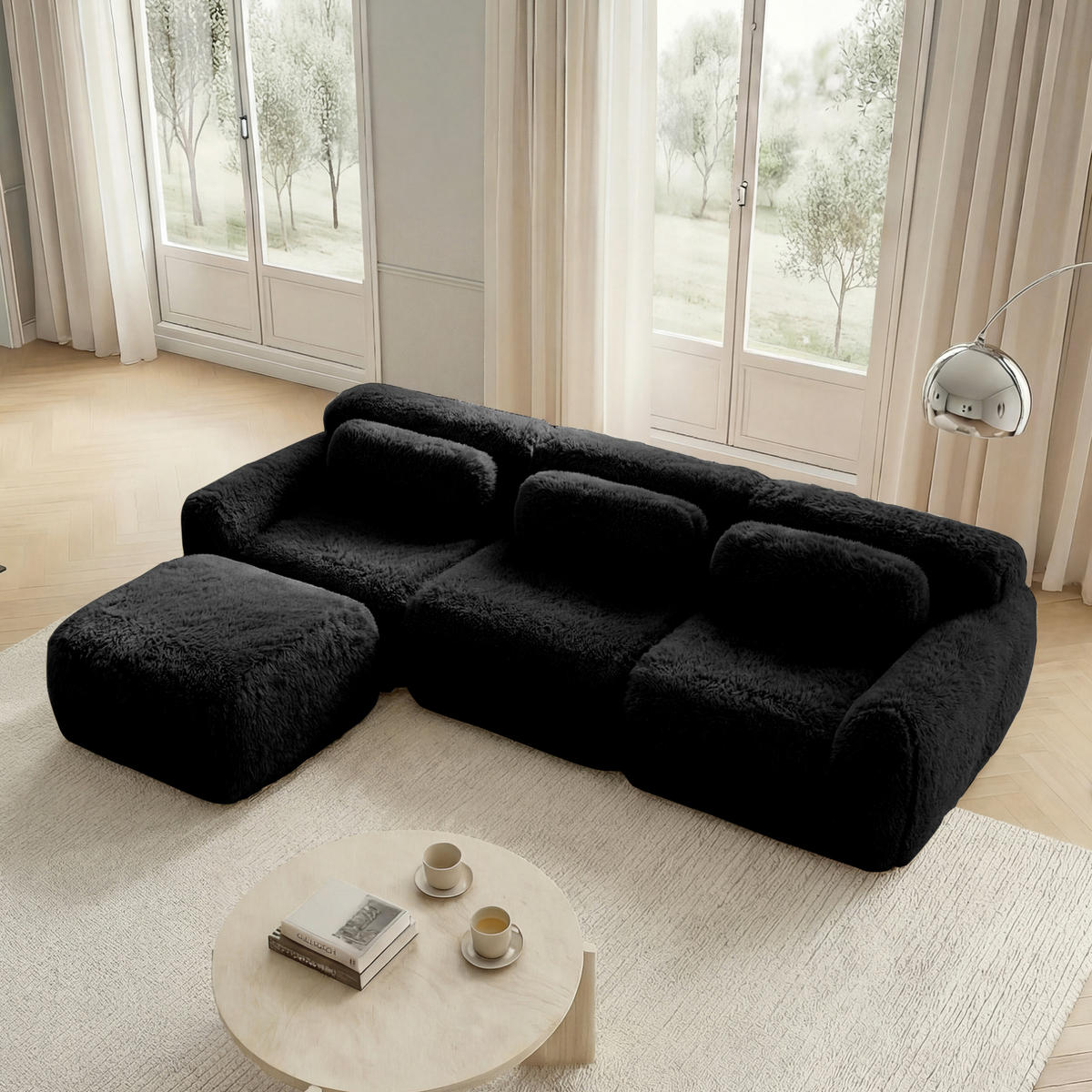 ECKSOFA 291/179/73 cm schwarz aus Plüsch rahmenlos und modular - Schwarz, Textil (179/291cm) - OKWISH