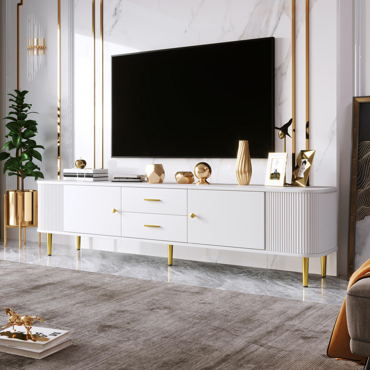 TV-SCHRANK aus MDF 170x34x45 cm Weiß mit 2 Schubladen, 2 Türen und abgerundeten Kanten - Weiß, Holzwerkstoff (170/45/34cm) - Modfu