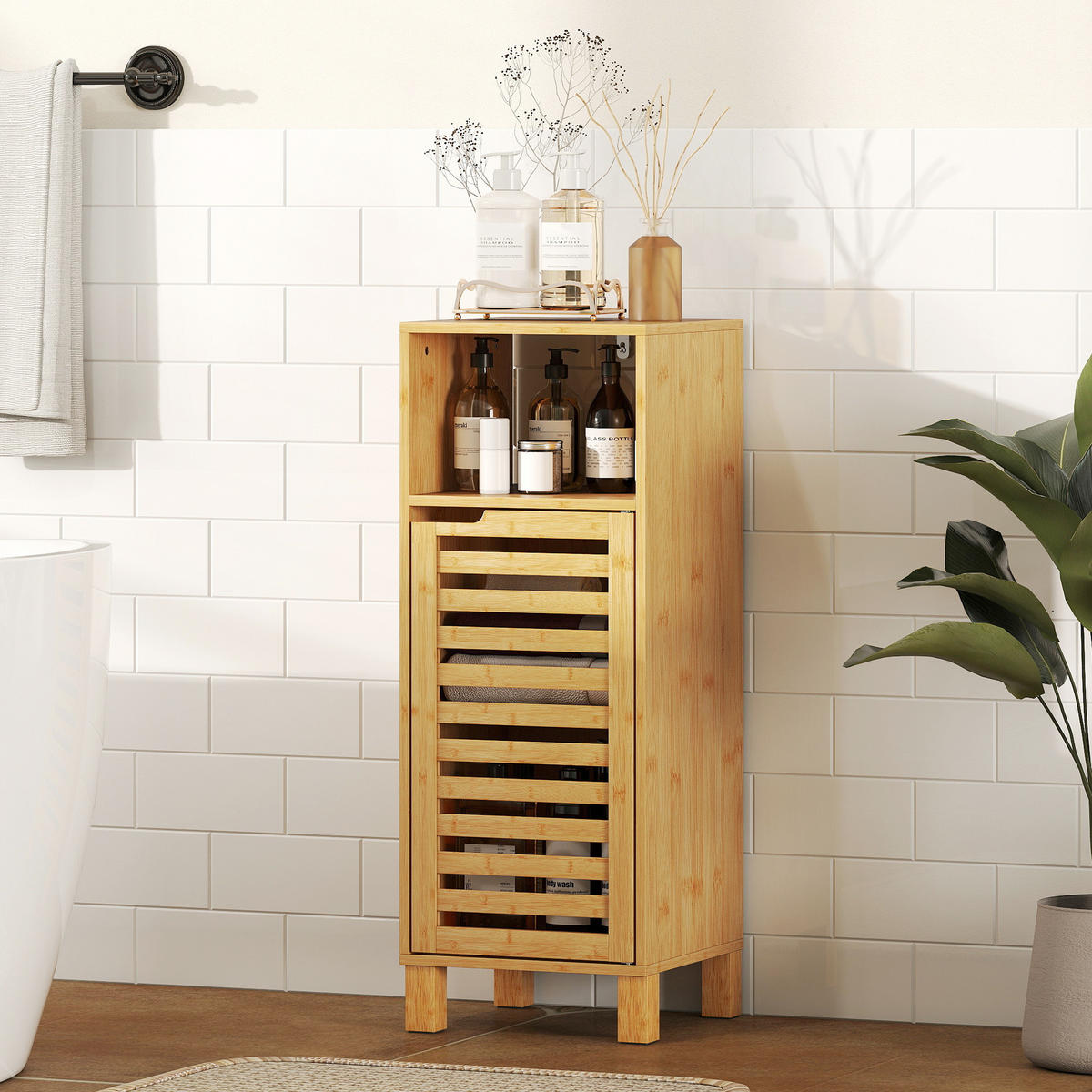 BADEZIMMERSCHRANK Badschrank schmal mit verstellbaren Regalen, offenem Fach - Naturfarben, Holz/Bambusholz (30/80/30cm) - HOMCOM