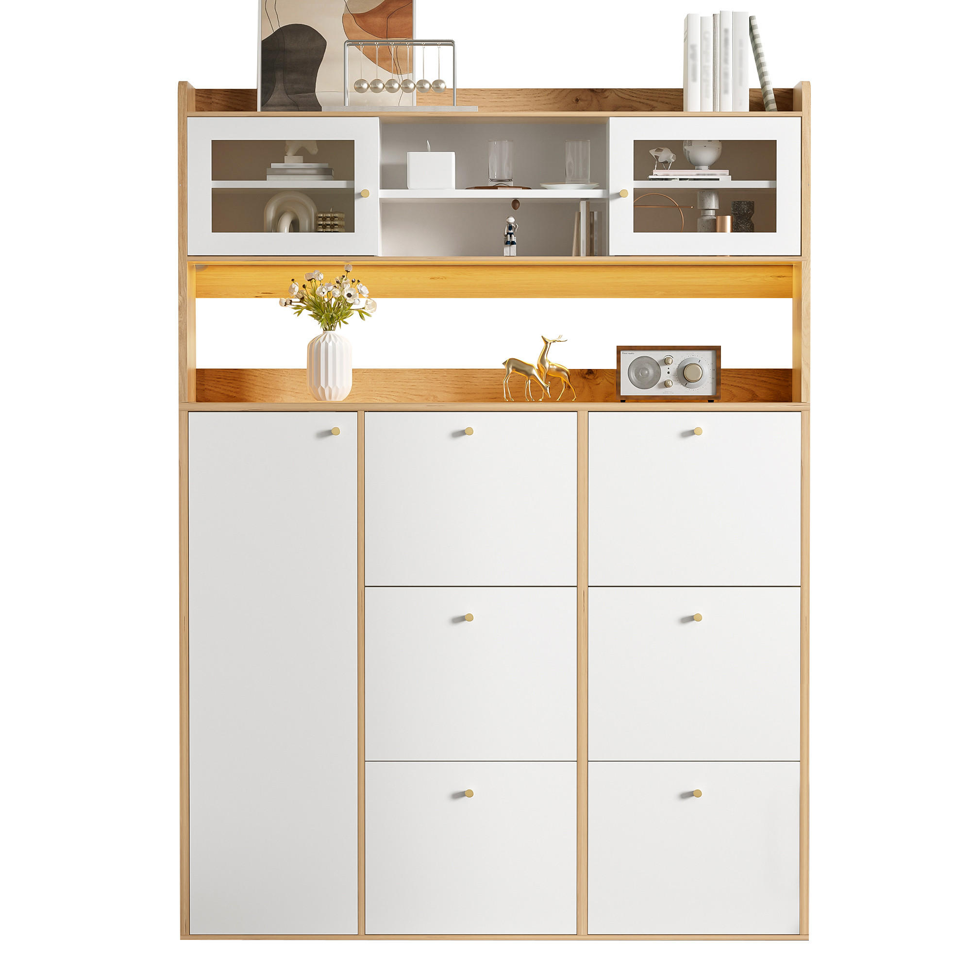 SCHUHSCHRANK 130x25x180cm mit Glas, LED und 6 Klappen - Weiß/Naturfarben, Holzwerkstoff (130/180/25cm) - FLIEKS
