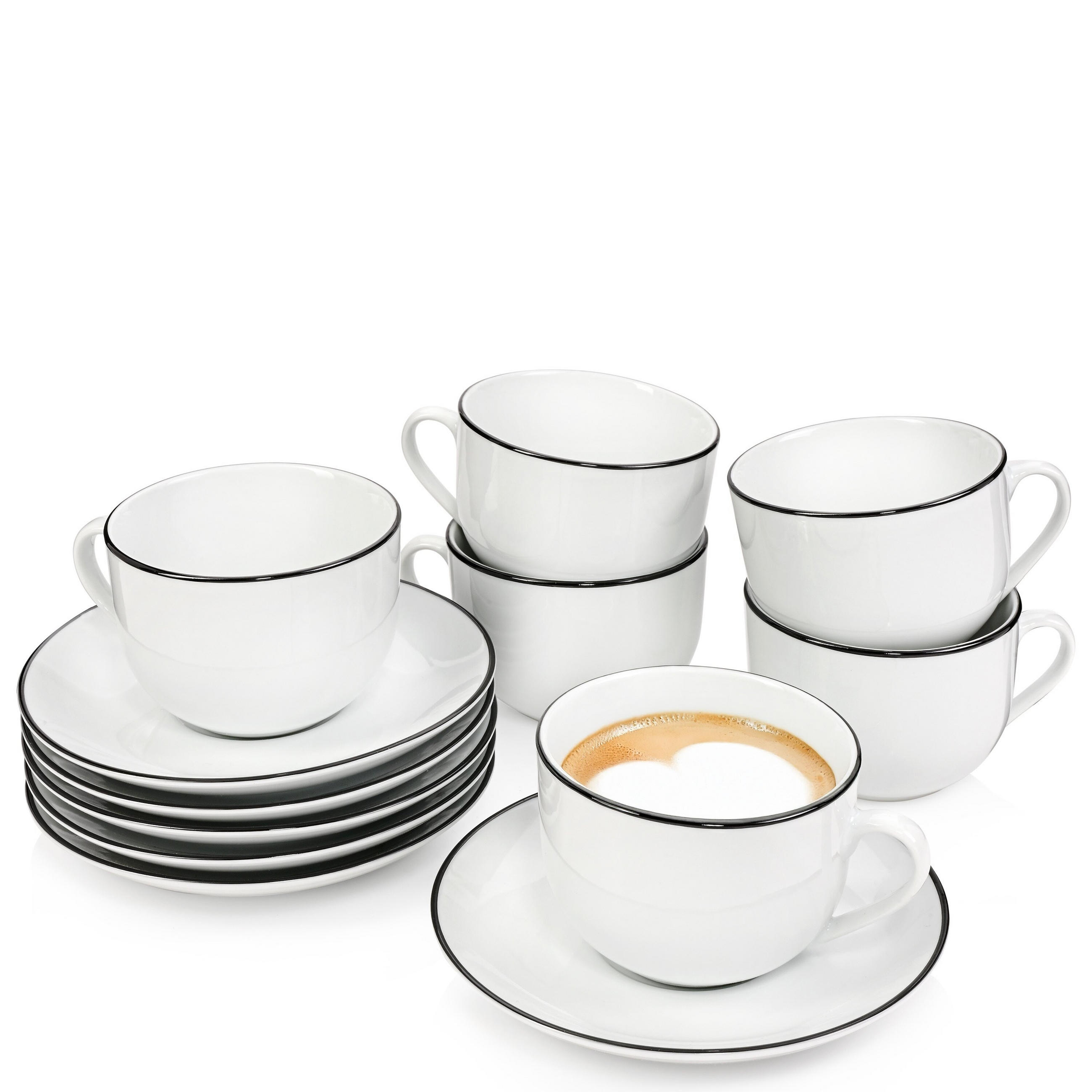 KAFFEETASSEN SET MARLO BLACK RIM - 12 teilig aus Porzellan - Weiß, Keramik (14/6/14cm) - Sänger