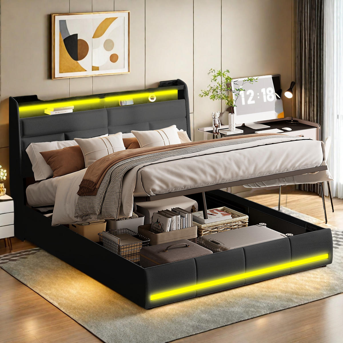 POLSTERBETT 160x200 cm Schwarz PU Leder LED Gaslift Bettkasten - Schwarz, Holz (160/200cm) - SHOPENTRA