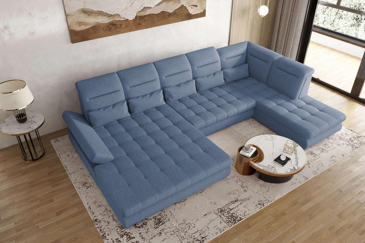 WOHNLANDSCHAFT Toscana Strukturstoff inkl. Schlaffunktion - Blau, Textil (208/87/358cm) - 99rooms