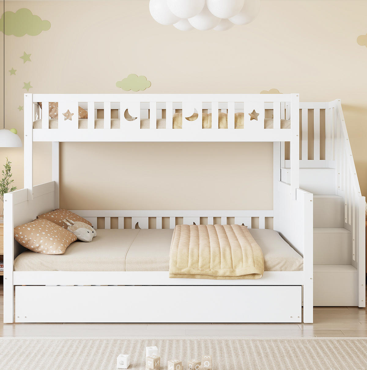 PATROVÁ postel 90/200 cm a 140/200 cm bílá s úložným prostorem a bezpečnostními schůdky - bílá, dřevo (90/200cm) - OKWISH