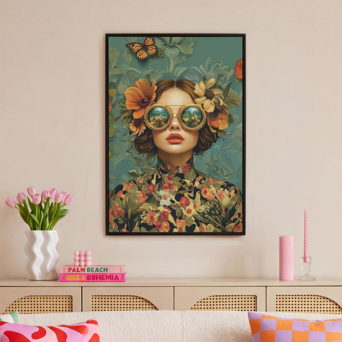LEINWAND Bilder mit Rahmen - Frau - Blumen - Schmetterlinge - Natur - Vintage - 60x90 - Salbeigrün, Textil (60/90cm) - MuchoWow