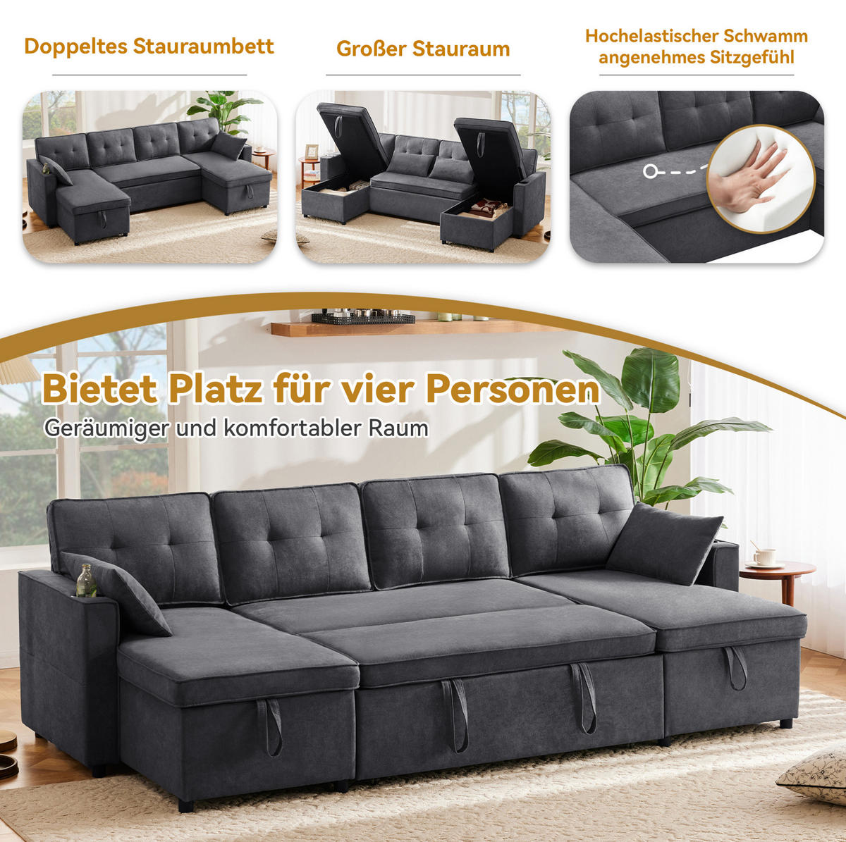 SCHLAFSOFA U-Form, Baumwolle-Leinen mit Stauraum & Getränkehaltern, 270/130/86 cm, Grau - Grau, Textil (130/86/270cm) - Redom
