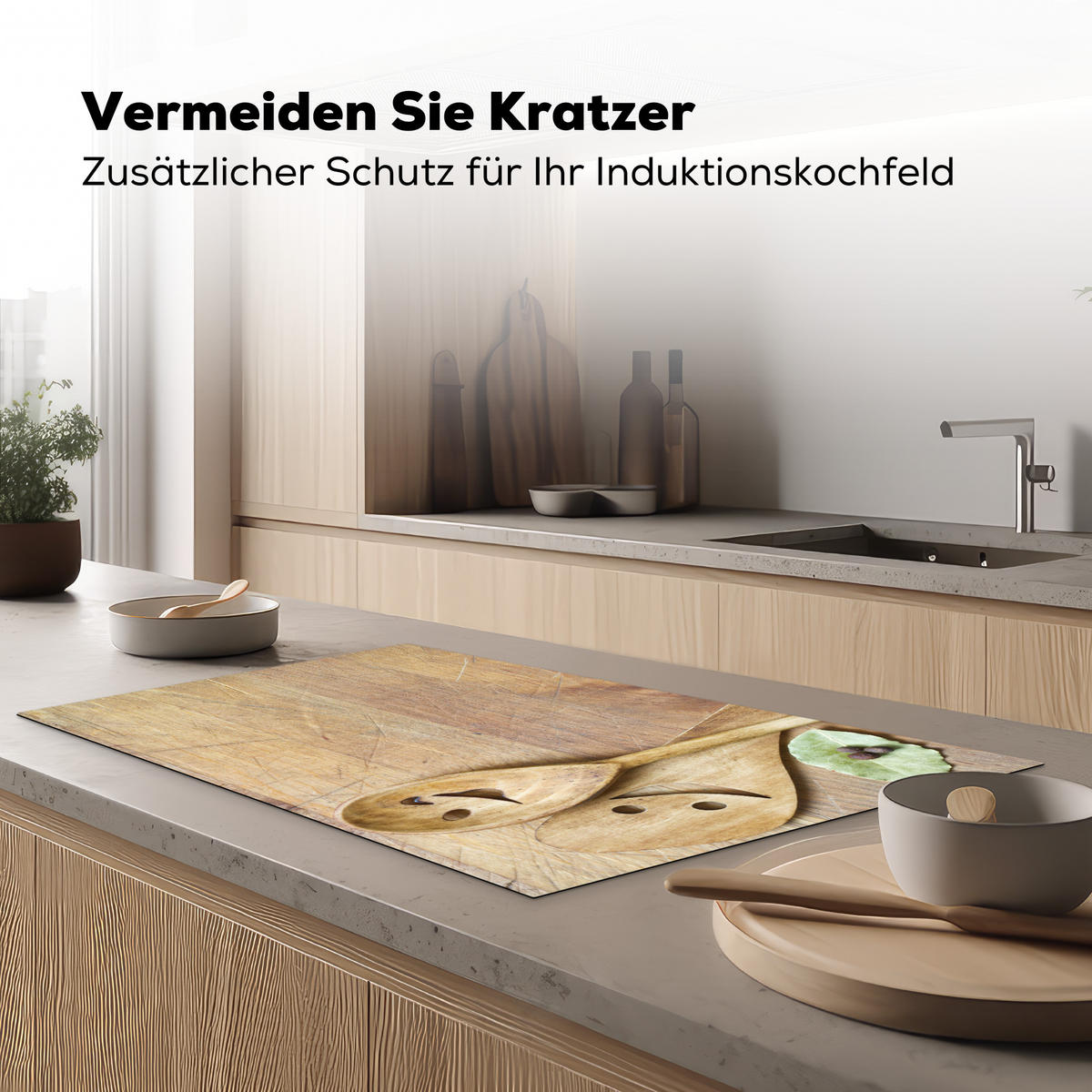 HERDABDECKPLATTE Holz - Löffel - Braun - Smiley 91x52 cm - Hellbraun, Kunststoff (91.6/0.2/52.7cm) - MuchoWow