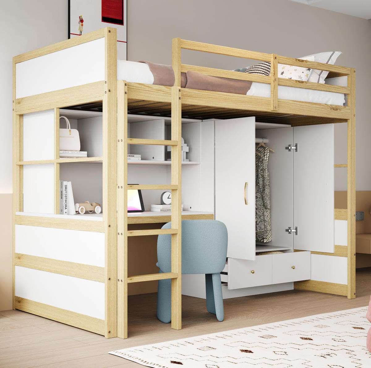 HOCHBETT 90/200 cm, Naturholzfarbe mit Schreibtisch und Kleiderschrank - Naturfarben, Holz (90/200cm) - MIVRAY