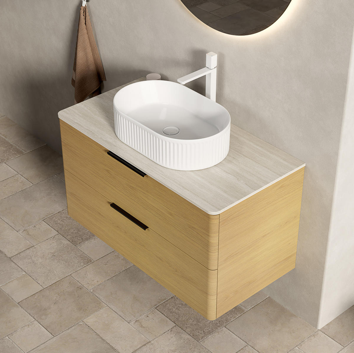 WASCHTISCHKOMBI 90 cm in Beige/Eiche mit Keramikbecken und 2 Schubladen - Eichefarben, Keramik (90/62.2/46cm) - Flora Grace