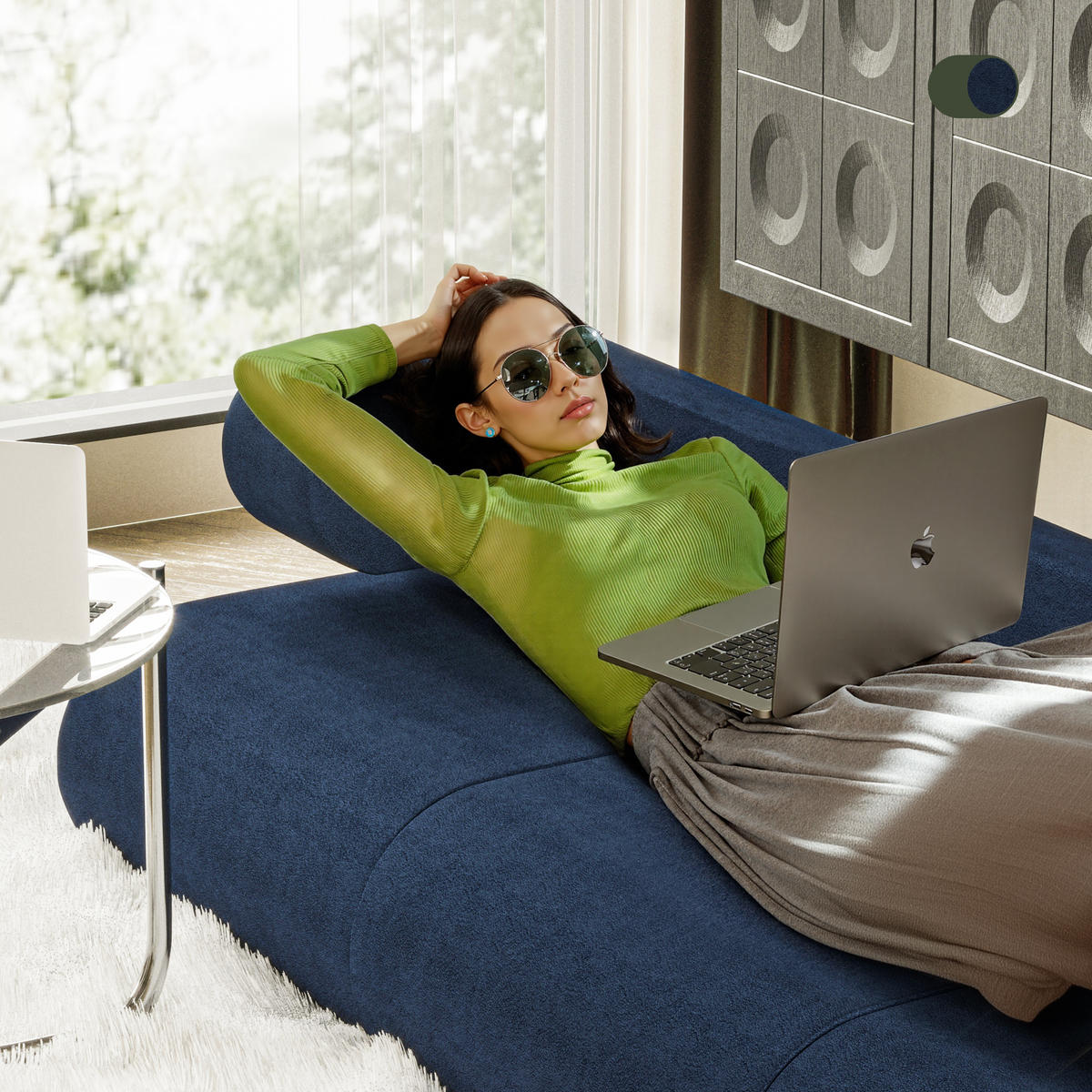 SOFA Modulares Sofa Kommaform Blau Mittlere Rückenlehne - Blau, Textil (76/66/90cm) - Vercart